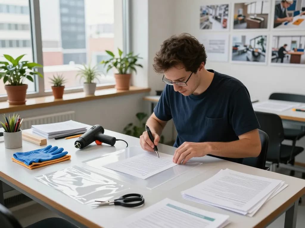 Expert technician bóc plastic laminate from documents in a bright, organized workshop.