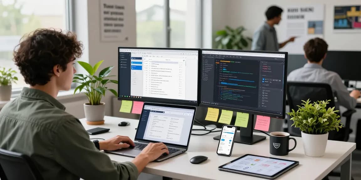 Mobile app development services showcased in a tech-savvy workspace with developers collaborating, code and design on screens.