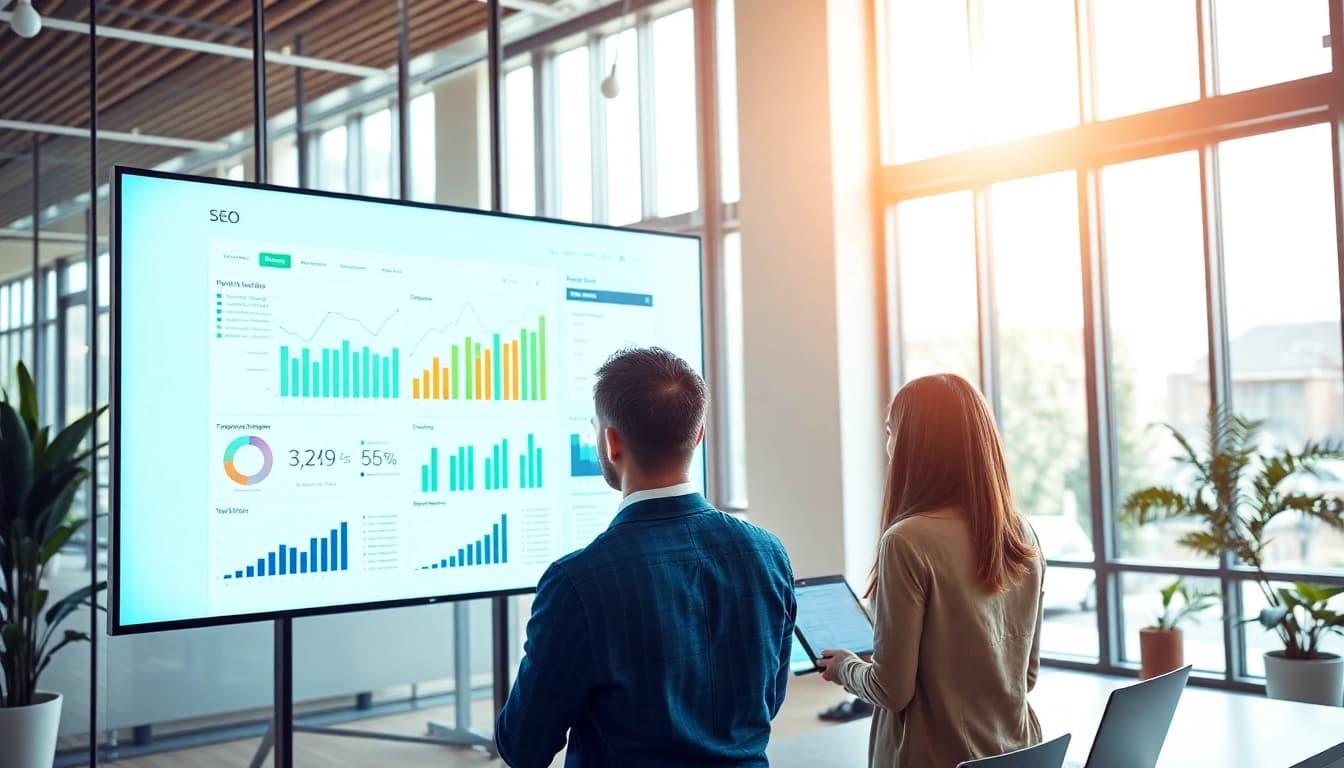 Analyze SEO performance metrics with a professional marketing team in an engaging office setting.