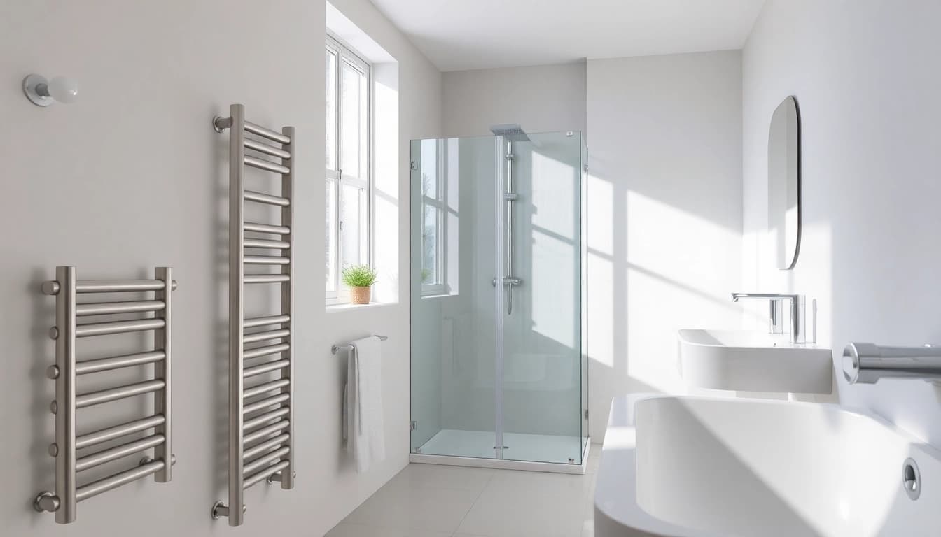 Wunderschöne Badezimmeransicht von sonni sanitär GmbH mit eleganten Duschwänden und Radiatoren.