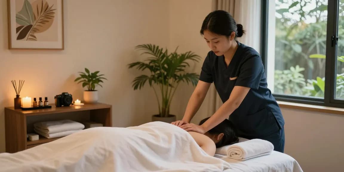 Relaxing scene at a 1인샵 with a therapist performing a massage, creating a calming atmosphere.