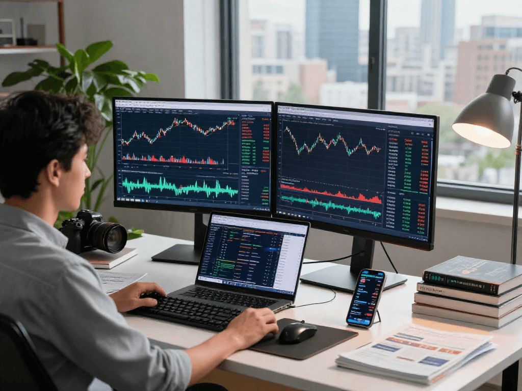 TradingView setup with dual monitors showing trading charts and alerts in a dynamic workspace.