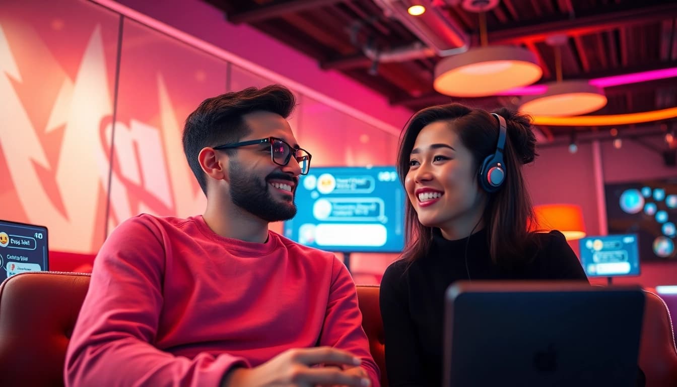 Engaging scene of virtual characters in a sex chat ai interaction, showcasing playful conversation in a digital lounge.