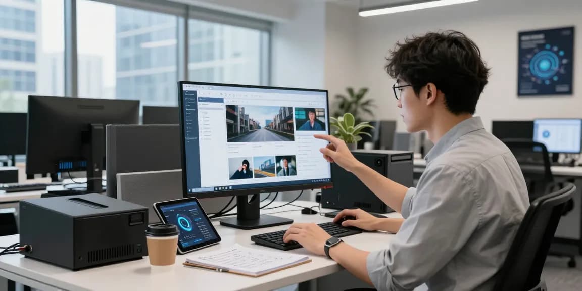 Data scientist using an AI image detector to analyze content in a modern tech office.