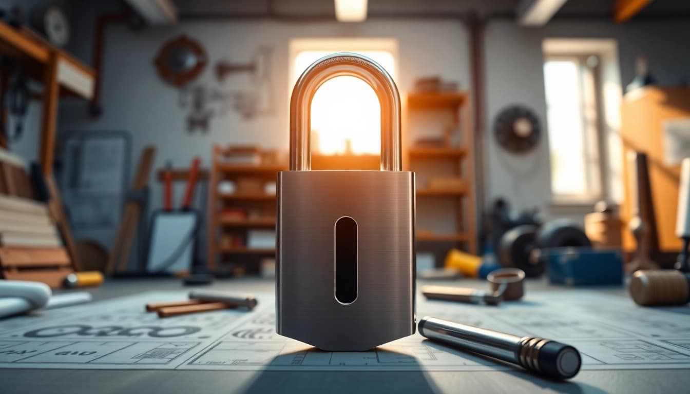 Locksta hochwertiges Schlosselement in einer professionellen Werkstattumgebung, umgeben von Werkzeugen.