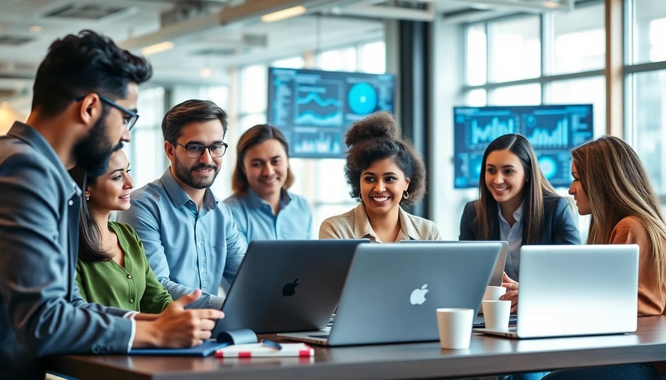 Find managed IT services near me with a professional tech team collaborating in a bright office.