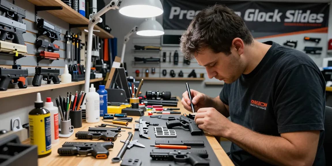 Customization process at https://precisionglockslides.com featuring detailed Glock slide assembly in a professional gunsmith workshop.
