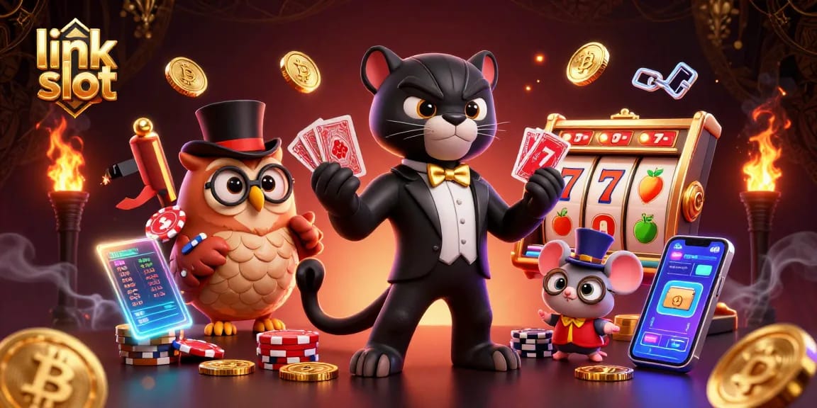 Menyusun link slot dengan slot reel, karakter kartun di kasino, dan simbol kemenangan.