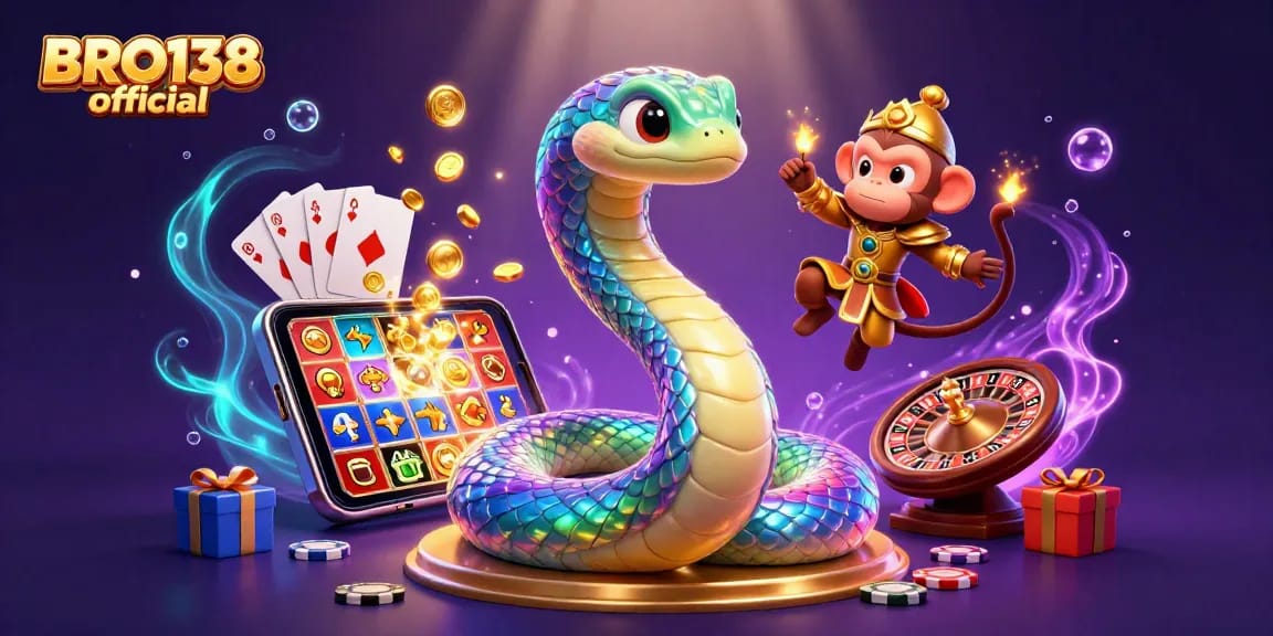 Play exciting slot games with BRO138 official while surrounded by vibrant 3D cartoon characters and magical visuals.