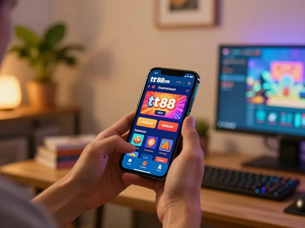 Player enjoying tt88 com casino app on smartphone in cozy home setting with engaging graphics.
