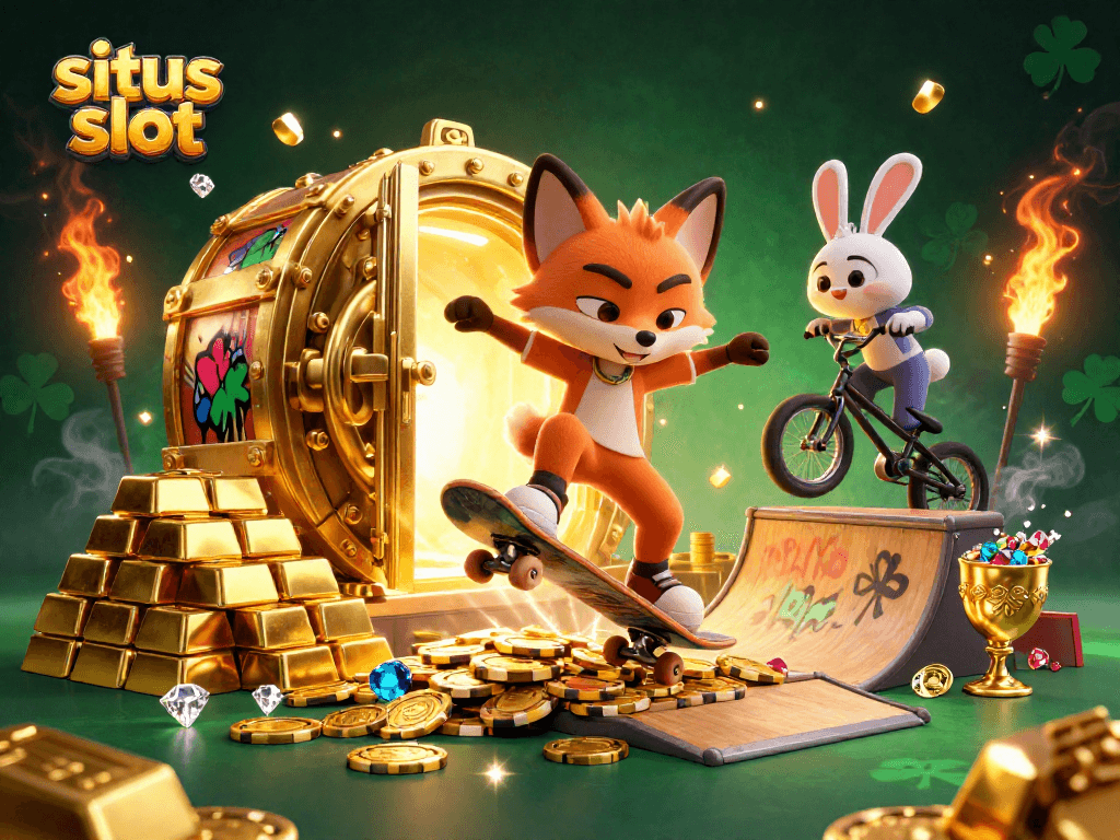 Engage with situs slot excitement as a cartoon fox skateboarder performs tricks amid golden jackpots and vibrant casino elements