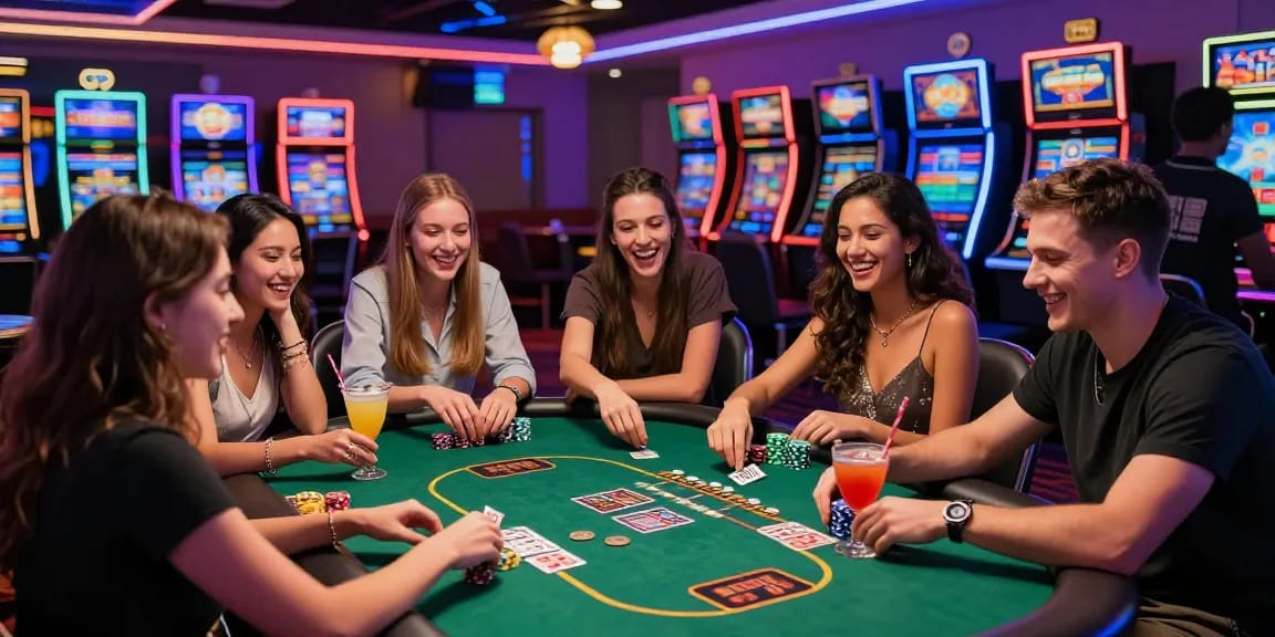 A group of friends playing at credit card casinos, enjoying poker with cocktails in vibrant casino atmosphere.
