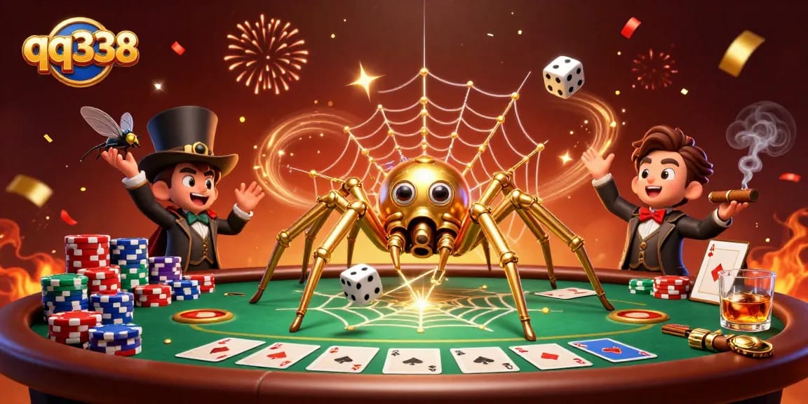 Engage with qq338's thrilling gaming experience featuring vibrant poker elements and golden steampunk characters.