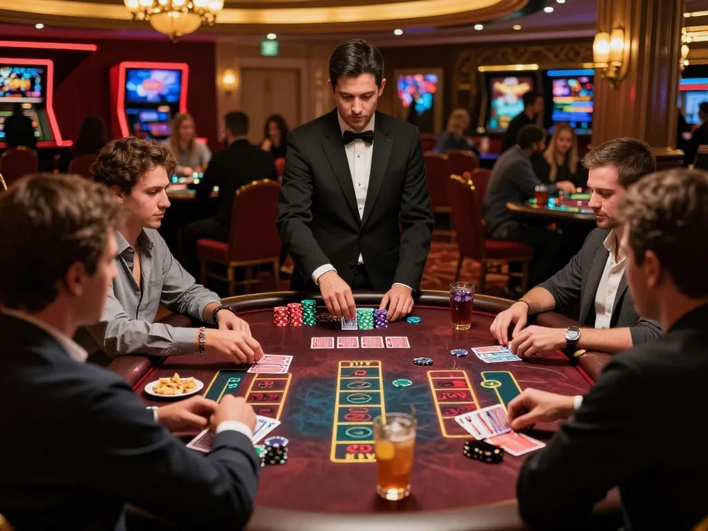 Players enjoying an intense blackjack game at FAFA 828 casino, showcasing strategic bets and vibrant atmosphere.