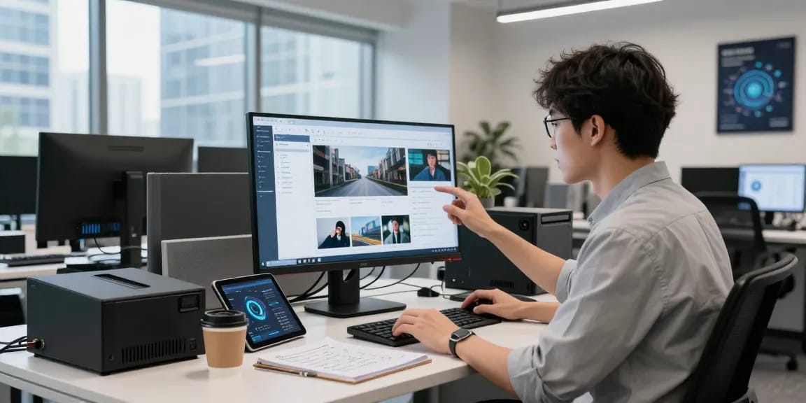 Data scientist using an AI image detector to analyze content in a modern tech office.
