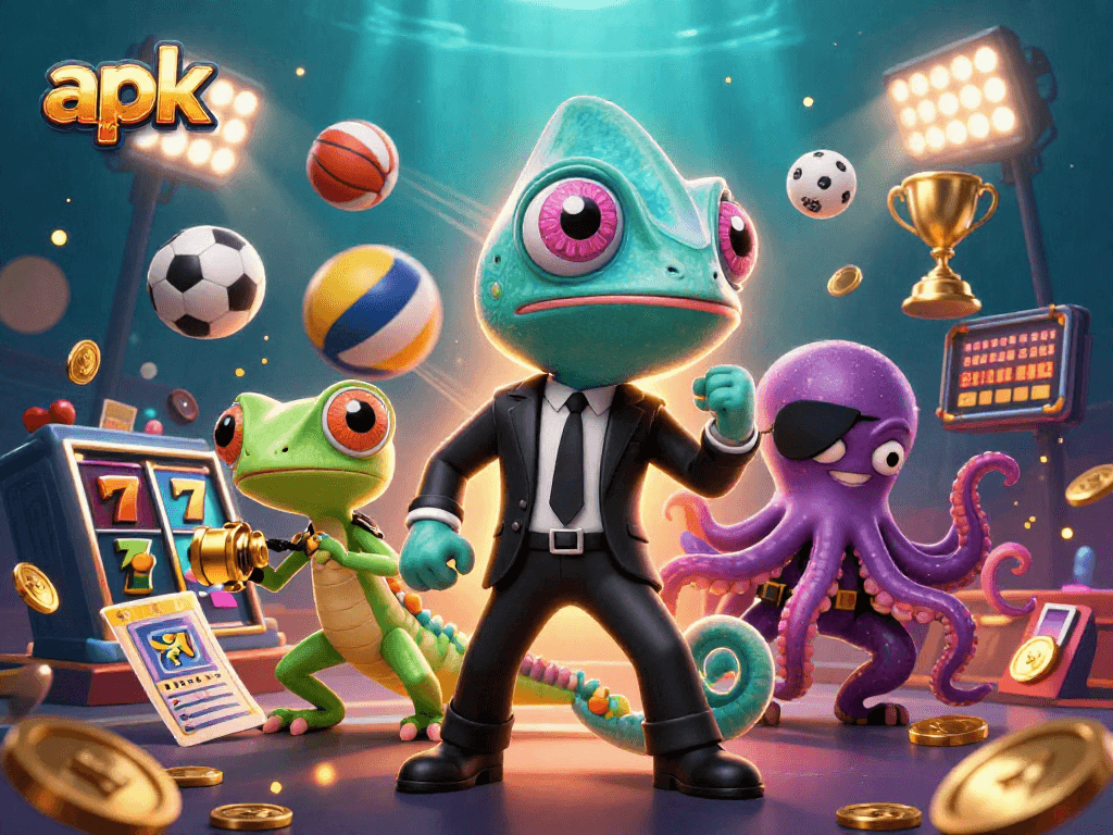 Slot bet apk dengan karakter kartun dalam permainan slot yang penuh warna di kasino.