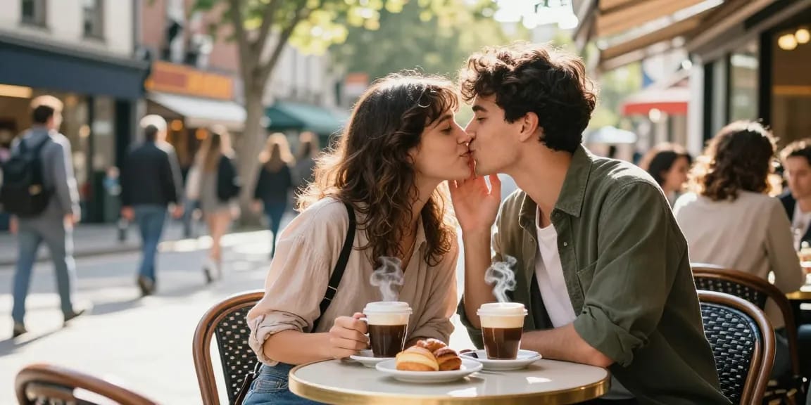 Young couple sharing a moment over coffee, capturing the feeling of having a crush on each other in a vibrant city.