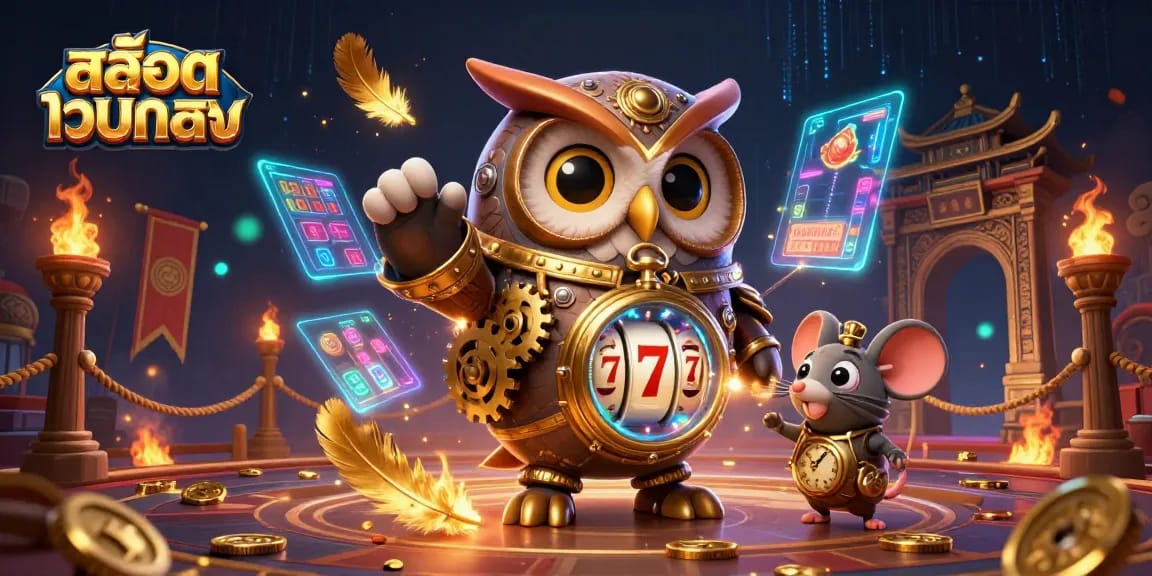 Engage with สล็อตเว็บตรง lucky spins in this dynamic 3D illustration depicting a steampunk owl and mouse amidst vibrant casino elements.