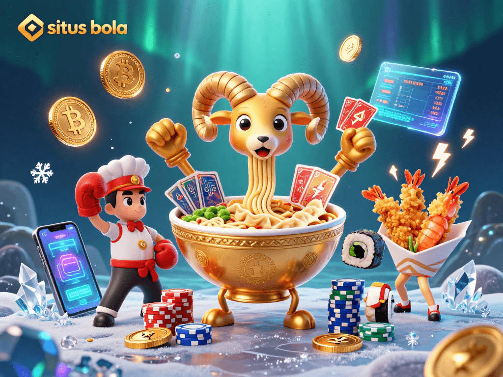 Engage with situs bola through a vibrant 3D scene featuring dynamic characters and crypto elements.