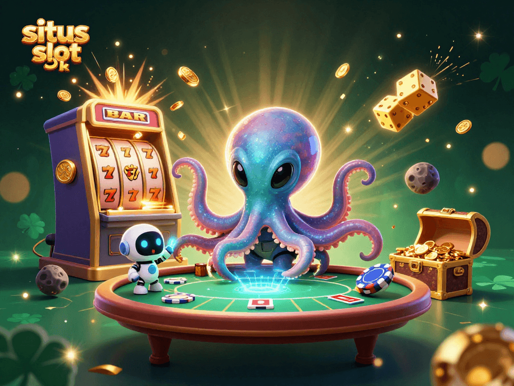 Experience situs slot 5k with a 3D octopus playing at a vibrant casino table.