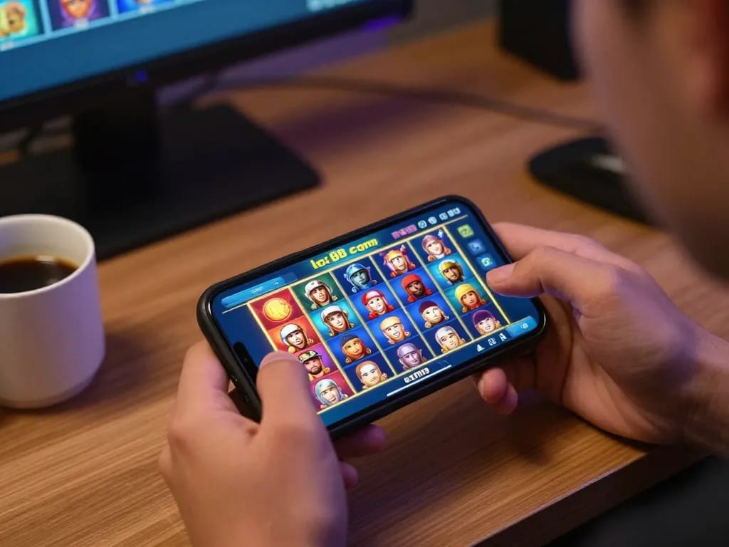 Bet on lc88 com slot games using a smartphone at home with engaging interface and casual setting