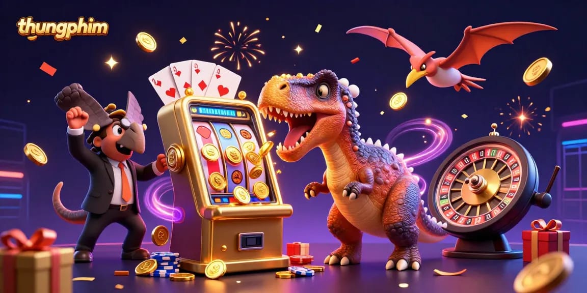 thungphim pachycephalosaurus wins jackpot at casino, surrounded by flying coins and festive atmosphere