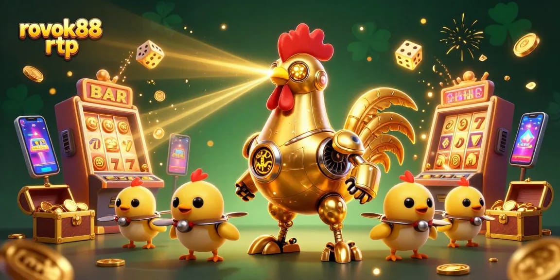 Join the rokok88 rtp excitement with a vibrant 3D casino scene highlighting dynamic slot machines and a golden rooster robot.