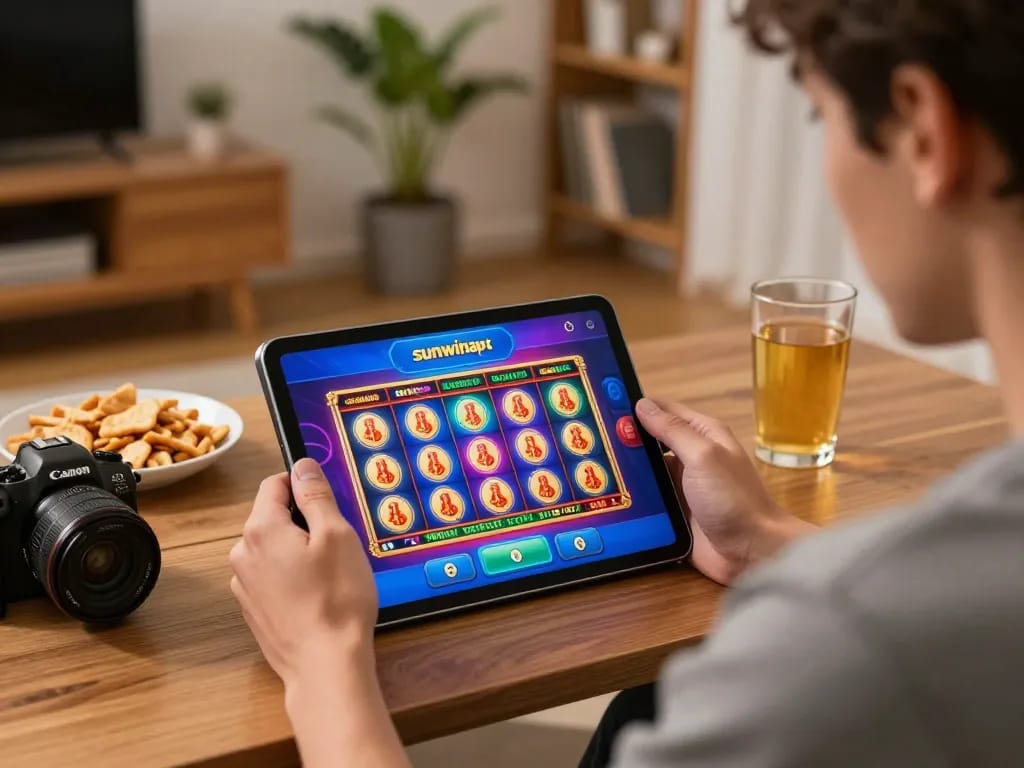 Engaging with the sunwinapk casino app on a tablet in a cozy home setting.