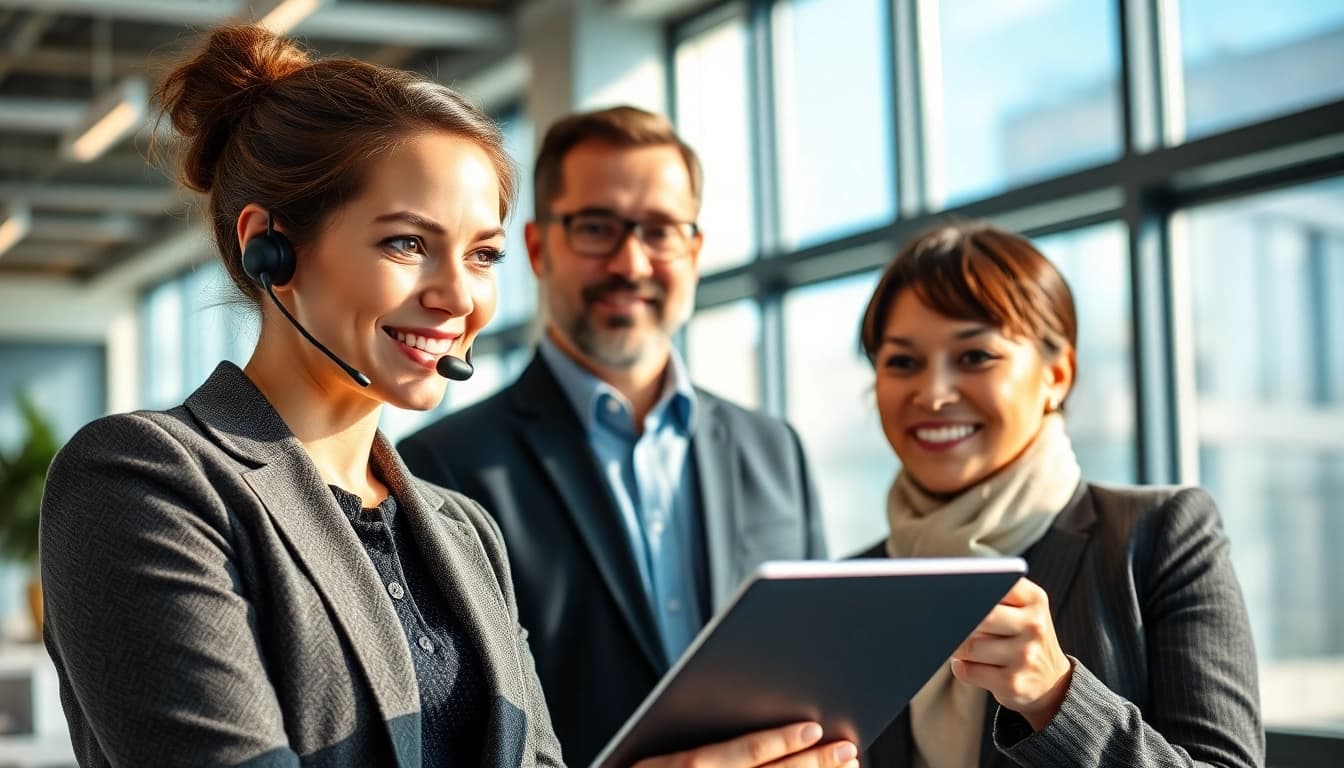 No hassle warranty claims process with satisfied customer and representative in a modern office.