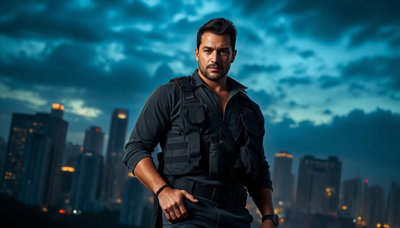 Character represents Better than Reacher amidst a dramatic urban backdrop, showcasing strength and resilience.