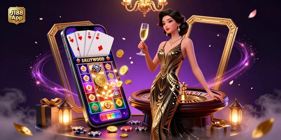 Experience the thrilling excitement of the J188 App with vibrant casino elements and luxurious details.
