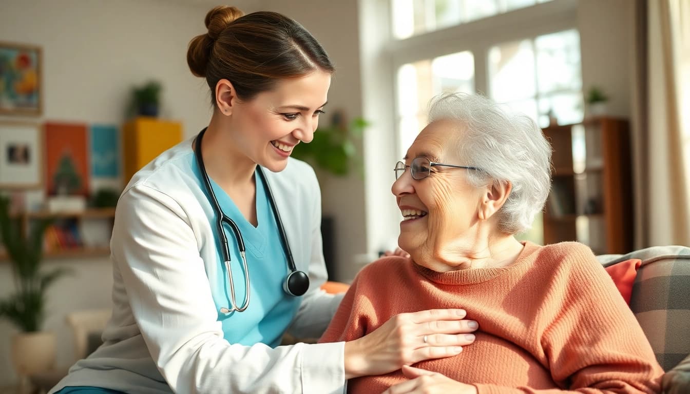 Elderly in home care near me, a caregiver supporting an elderly person at home, showcasing warmth and trust.