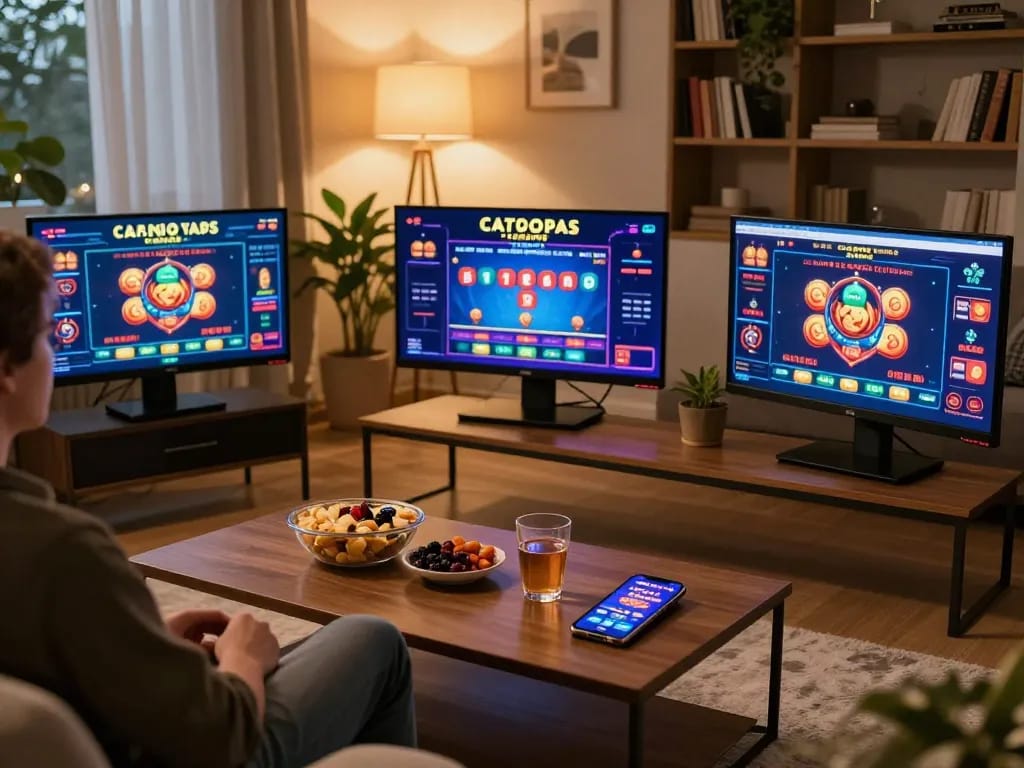Engaging in casinò online europei gameplay on multiple screens in a cozy home setting