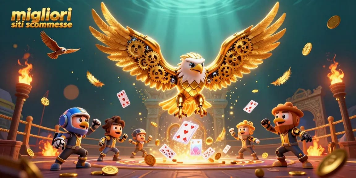 Scopri i migliori siti scommesse con un'aquila d'oro 3D che vola tra carte da gioco visive.