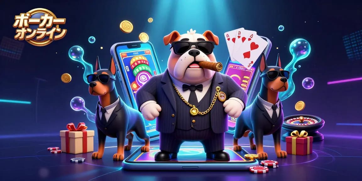 ポーカー オンラインで勝負する3Dキャラクターたちがカラフルなスロットゲームを楽しんでいる様子