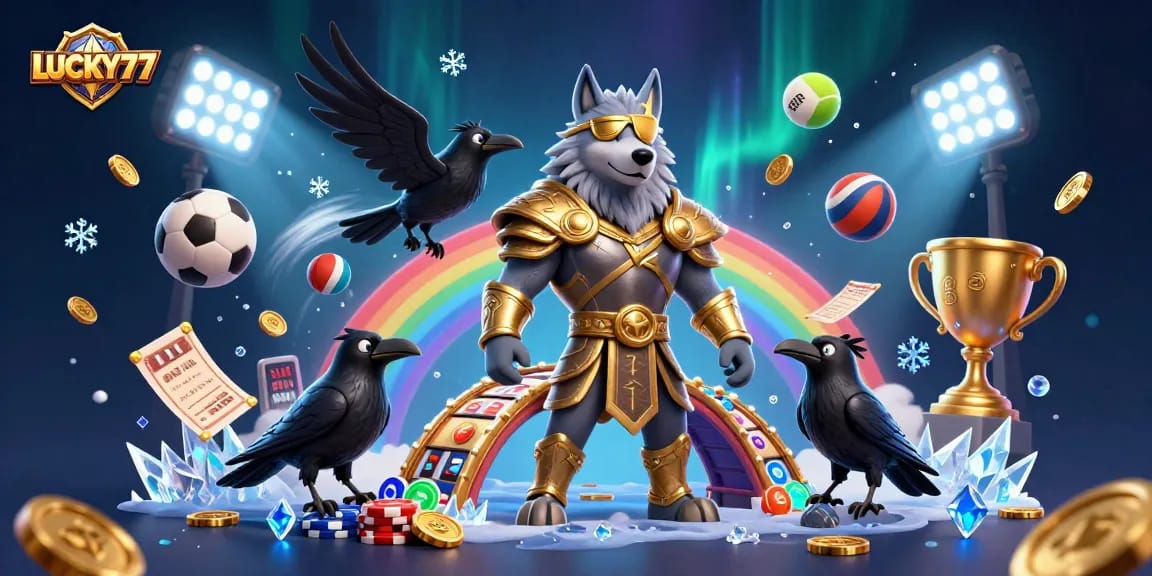 Engage with LUCKY77’s exhilarating casino experience featuring dynamic Norse elements and glowing symbols.