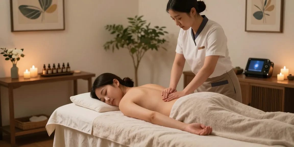 장안동출장마사지 전문 마사지사와 편안한 고객의 힐링 마사지 장면
