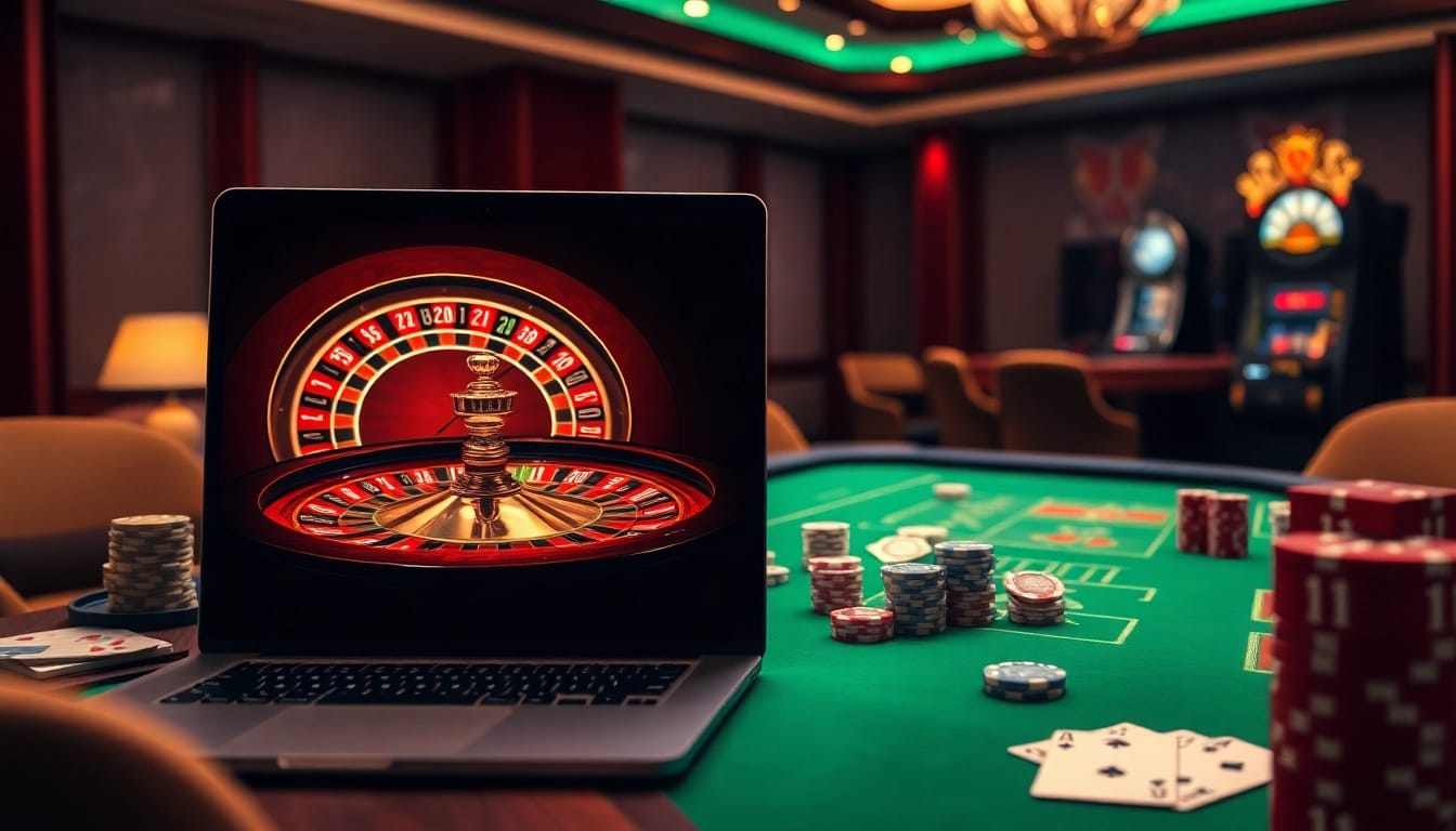 Vivez l'excitation du casino en ligne France fiable avec une roulette vibrante, des jetons de poker et des écrans de jeu élégants.