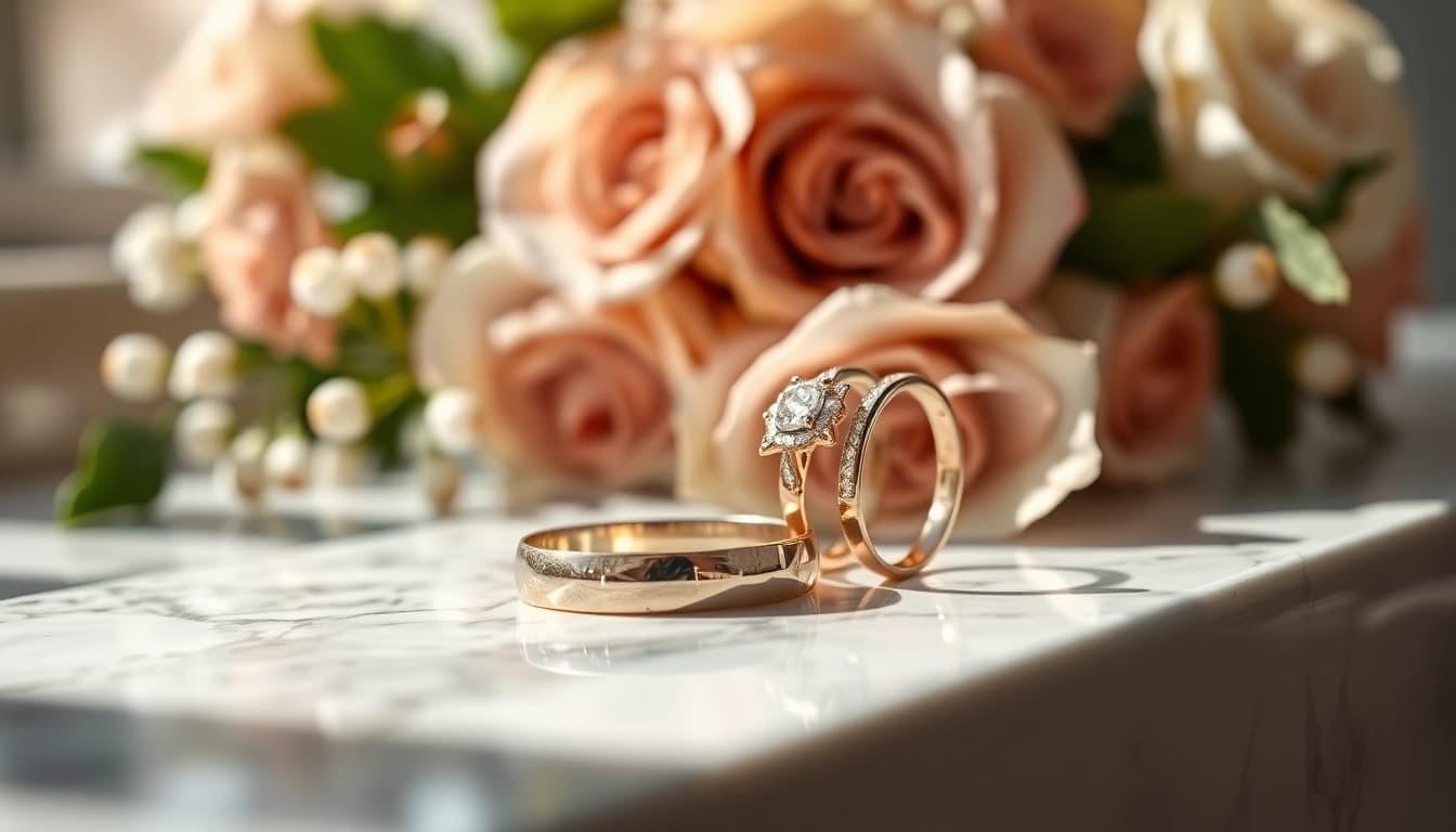 Beautiful couple rings gleaming on marble, surrounded by soft flowers, radiating romance.
