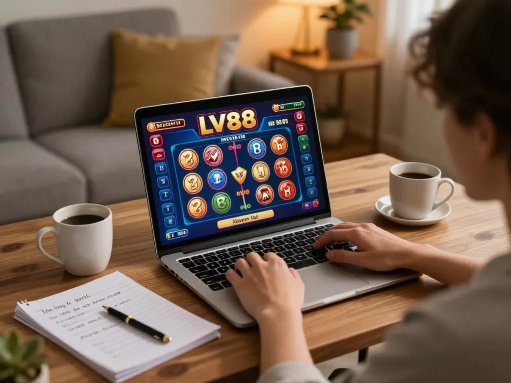 Engaging in online gaming at home with LV88 link visible on laptop screen for immersive gambling experience.