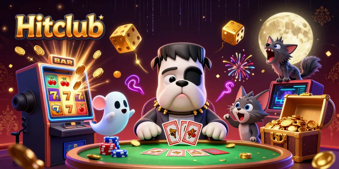 Hitclub's vibrant 3D scene shows a bulldog monster dealing cards and a ghost mouse, bursting with gambling excitement.