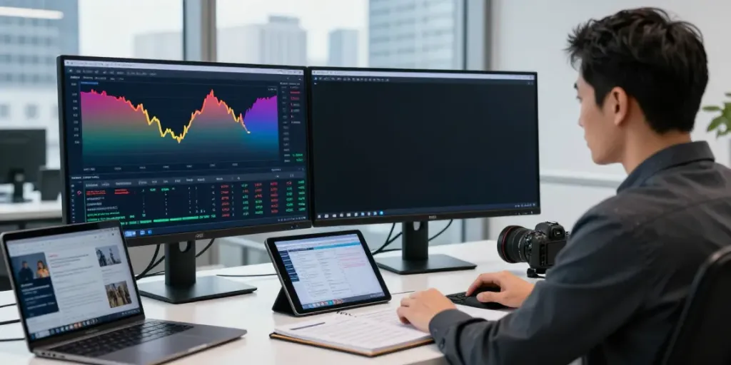 Trader using MetaTrader 5 on dual monitors in a modern office environment.