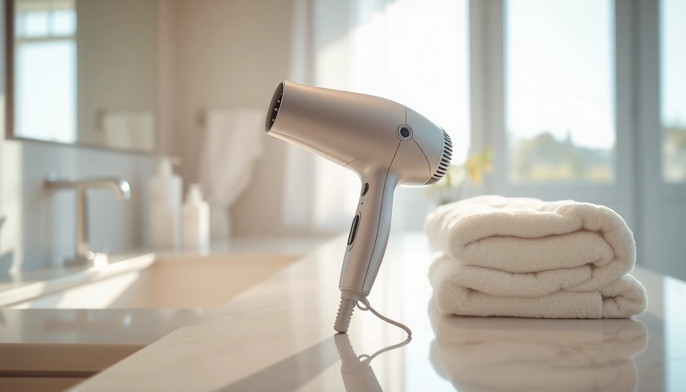 Glamorous ionic hair dryer on a bathroom counter, exemplifying modern elegance.