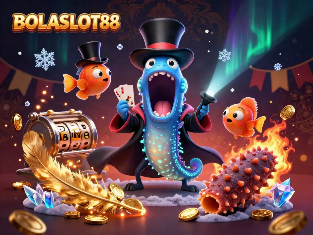 BOLASLOT88 features a bioluminescent eel magician performing tricks surrounded by vibrant casino elements.