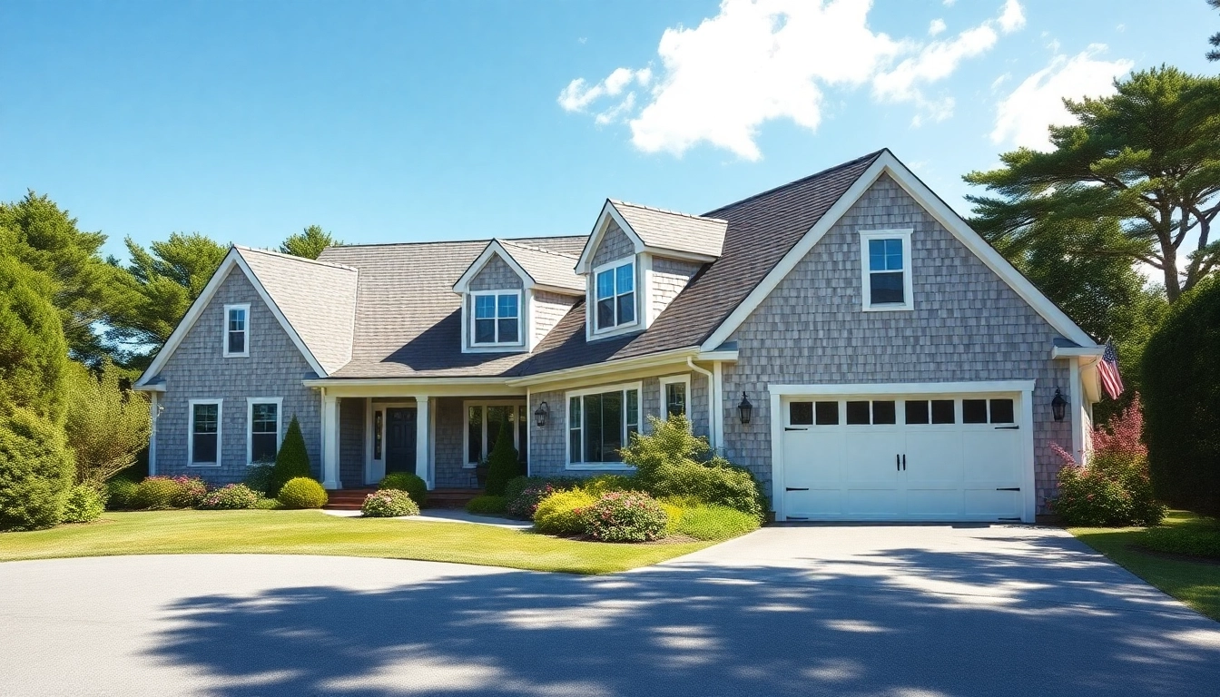 Beautiful cape cod home with an attached garage, nestled in a sunny coastal landscape.