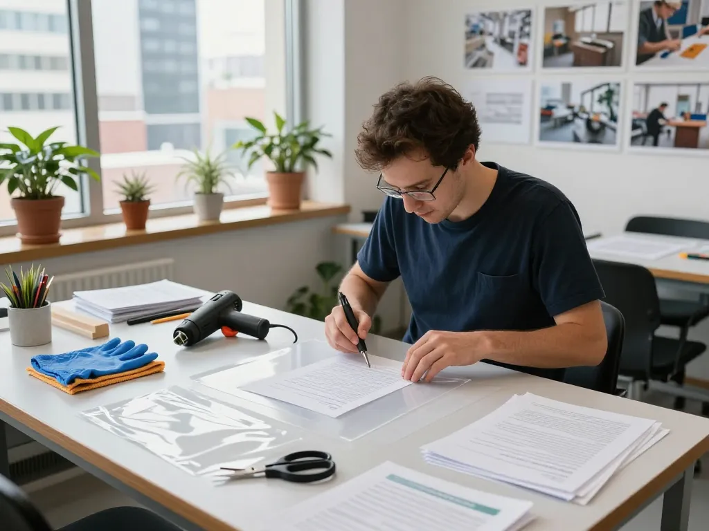Expert technician bóc plastic laminate from documents in a bright, organized workshop.