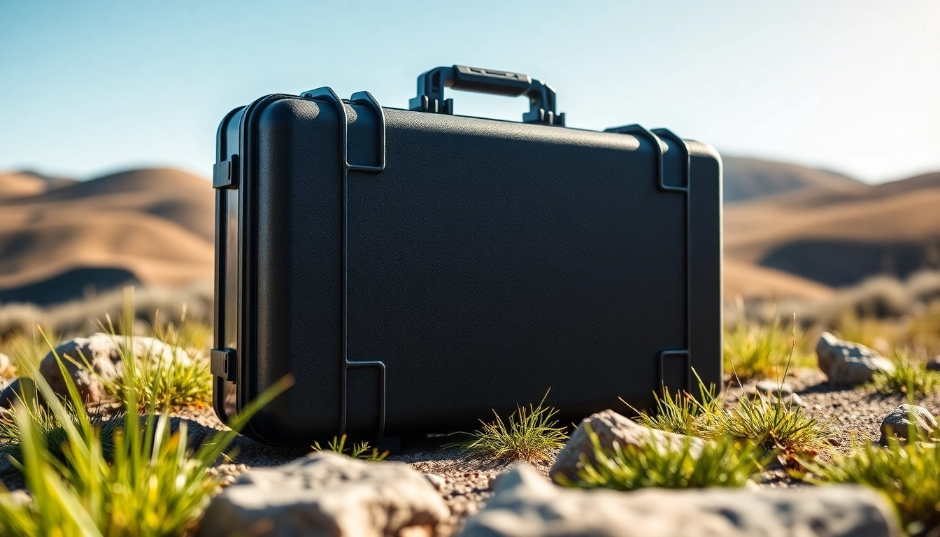 Showcasing a pelican rifle case in a natural landscape, highlighting its robust features and design.