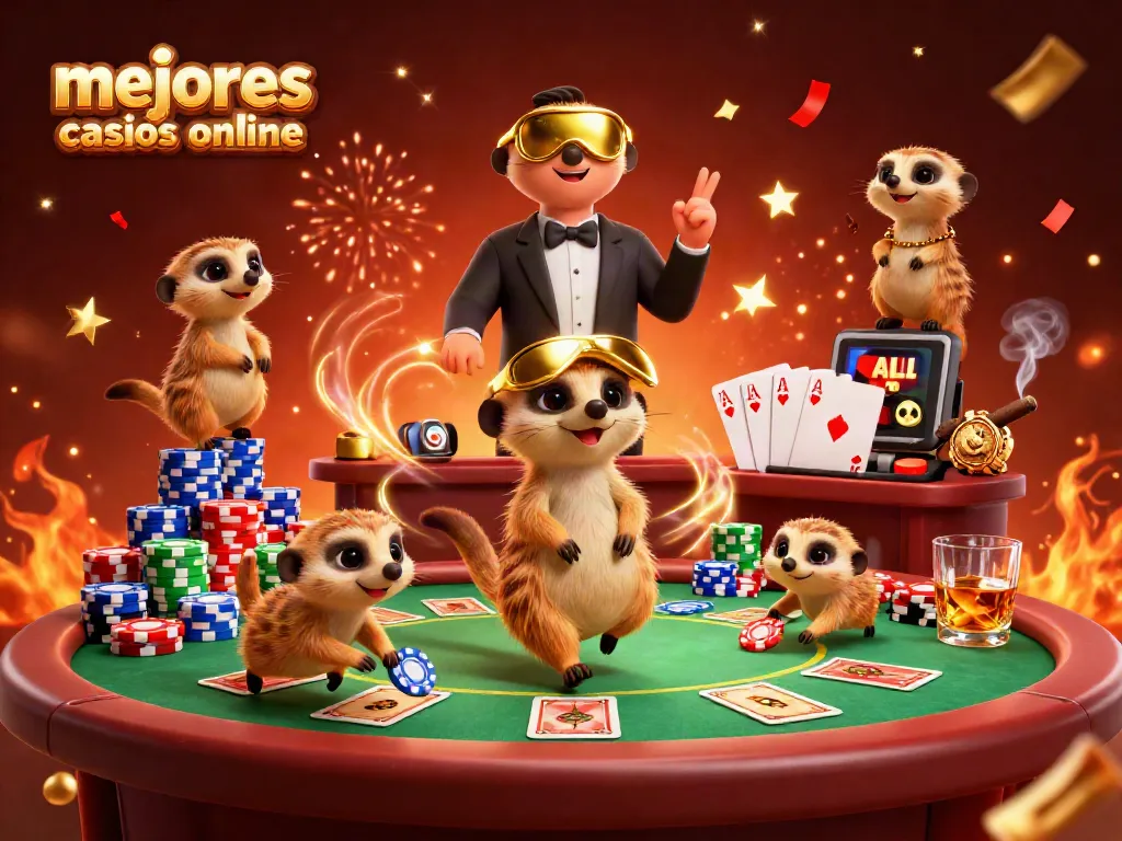 Mejores casinos online: casino animado con suricatas jugando en una mesa de póker