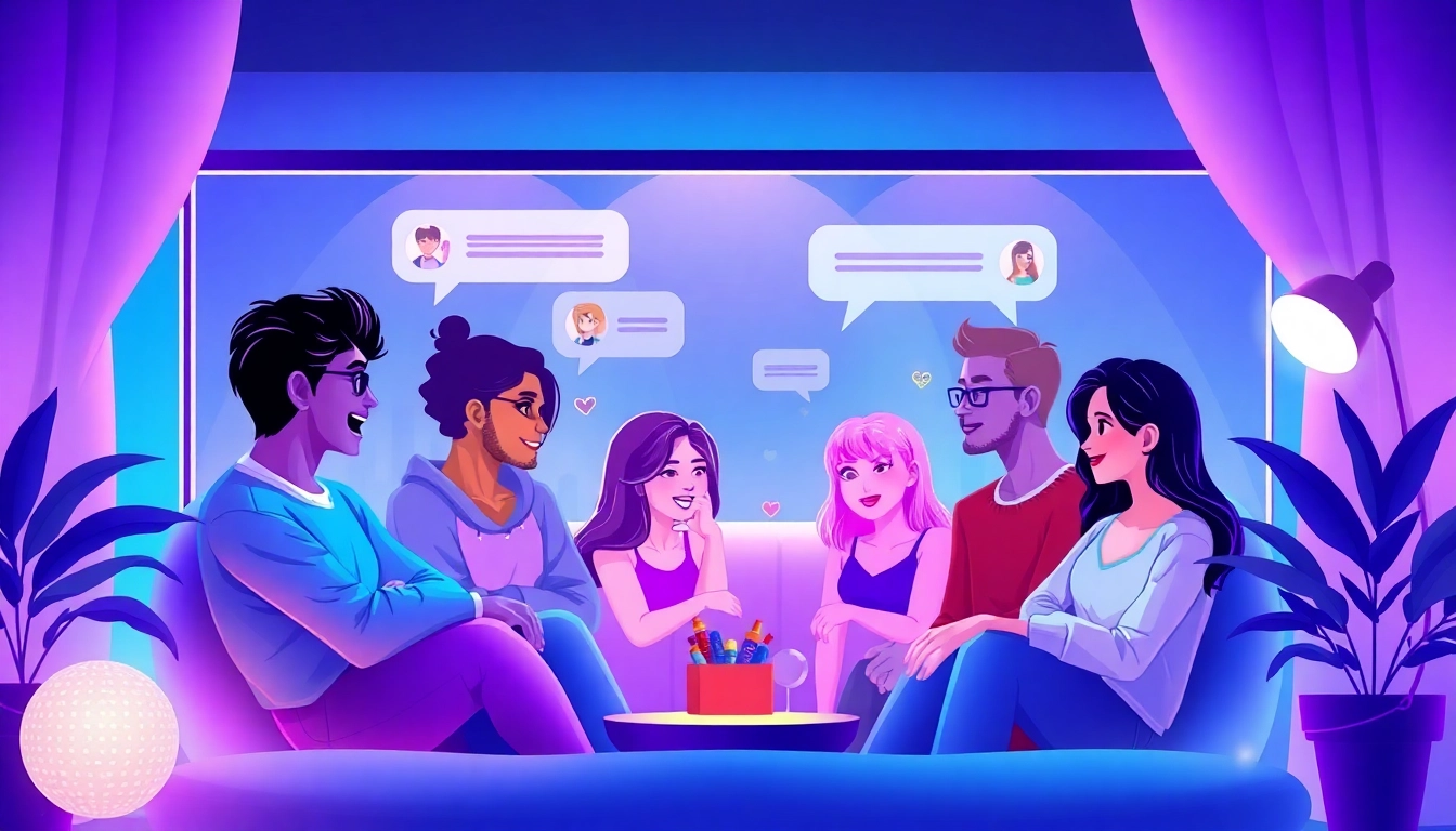 Engaging scene of users interacting with sex chat AI avatars in a friendly, inviting digital environment.