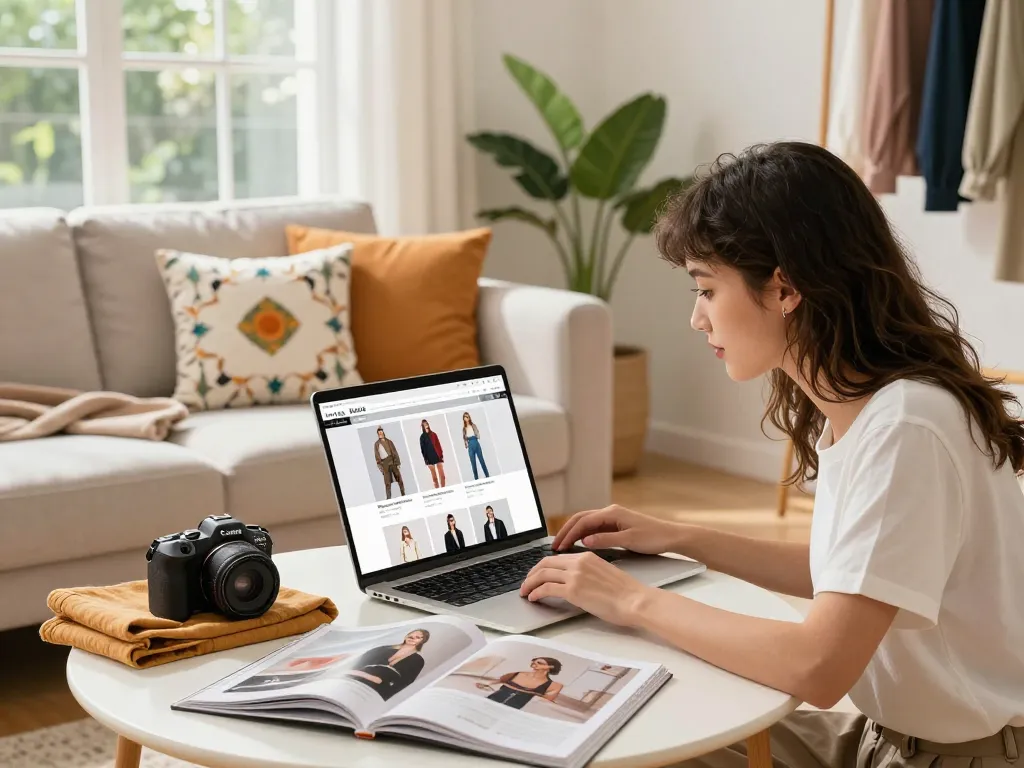 Engaging online shopping at a 레플리카 사이트, showcasing fashion replicas in a cozy home environment.